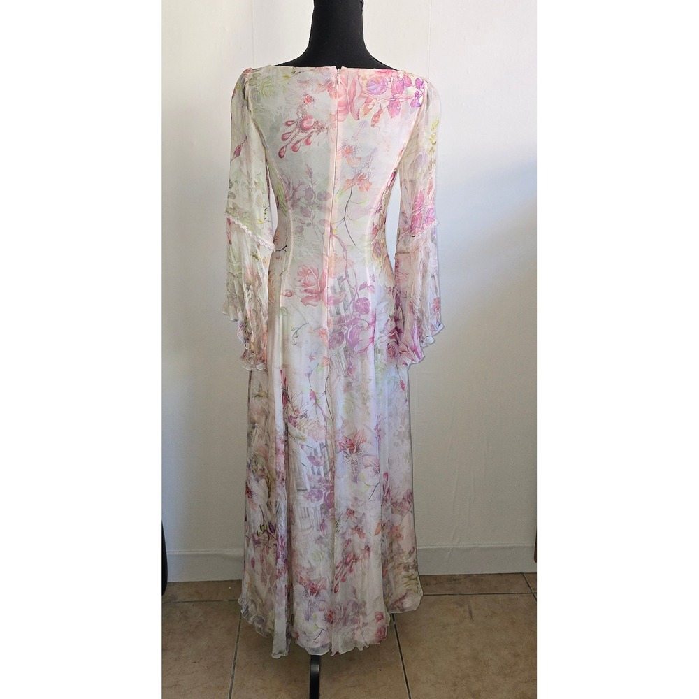 Romantic Floral Maxi Dress Women Sheer Overlay Bell Sleeve renfair fairycore - Picture 8 of 16
